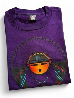 Vintage 1990s Purple Native American Graphic T-Shirt with Tribal Sunface Design